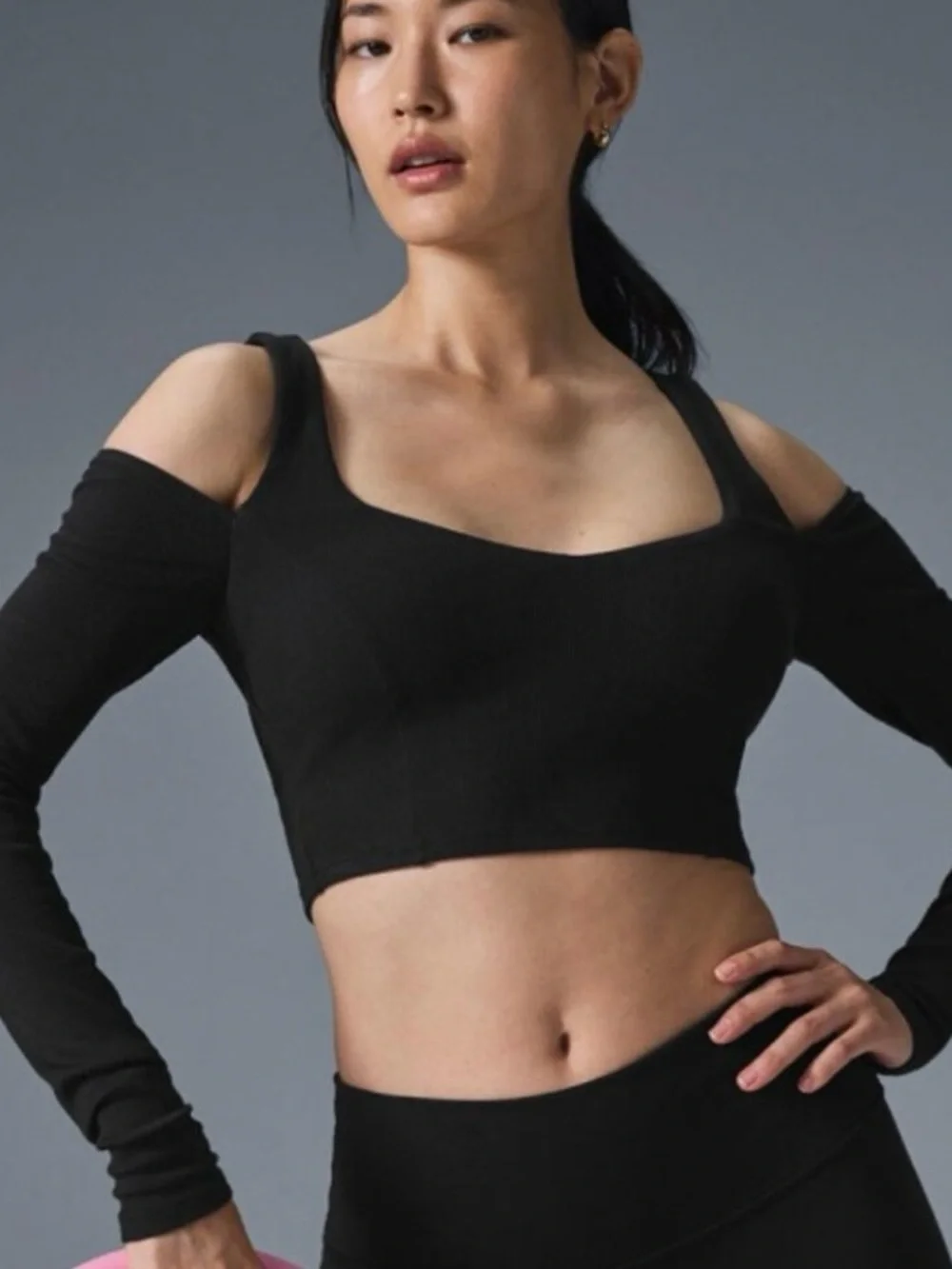 Alo Ribbed Cropped Butterfly Long Sleeve Black Open Cold Shoulder Cut-Out Cutout
